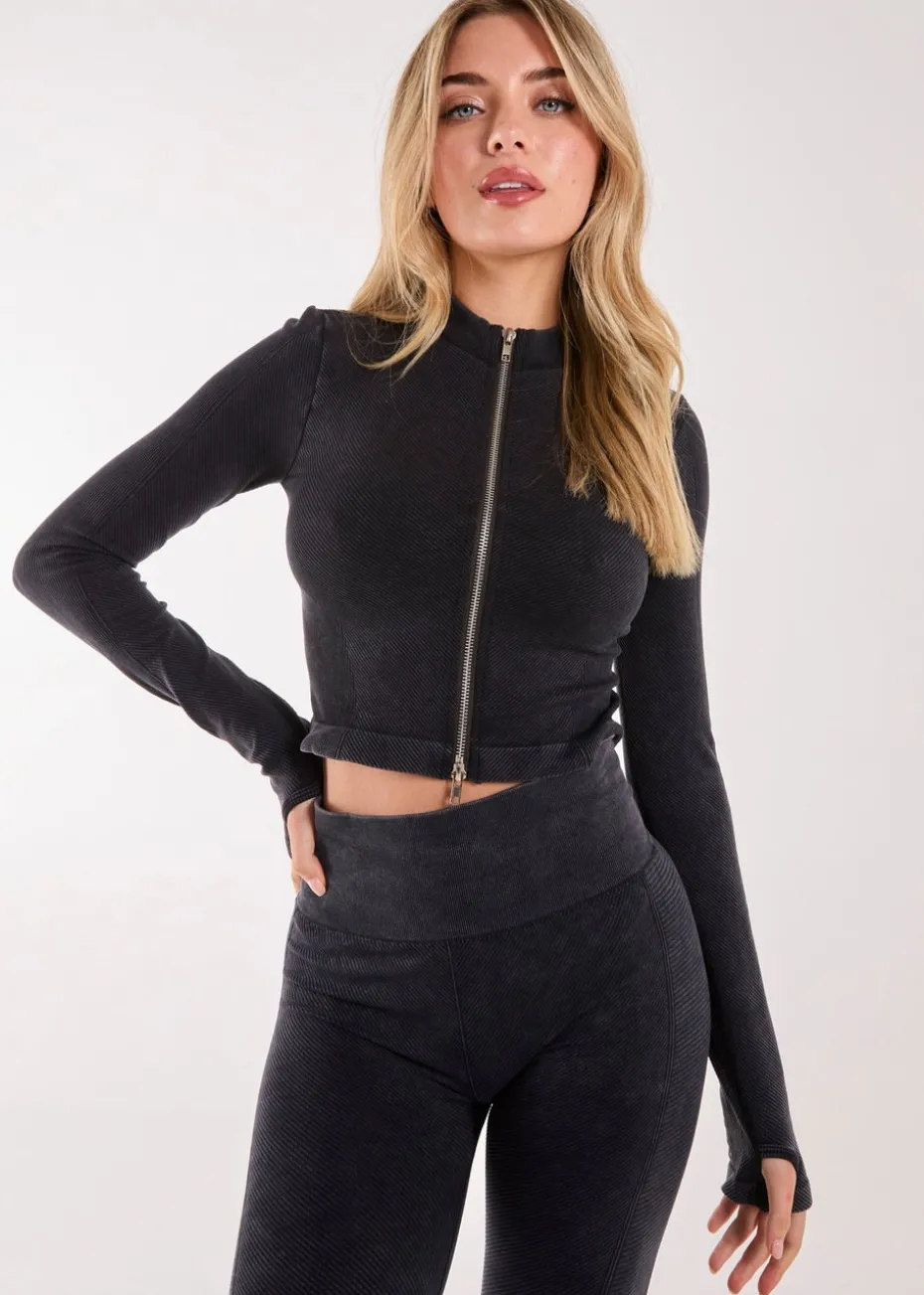 Pink Vanilla Black Active Rib Double Zip Top