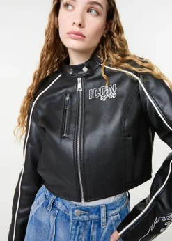 Pink Vanilla Black Badge Racer Cropped PU Jacket