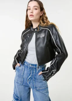 Pink Vanilla Black Badge Racer Cropped PU Jacket