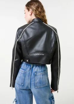 Pink Vanilla Black Badge Racer Cropped PU Jacket