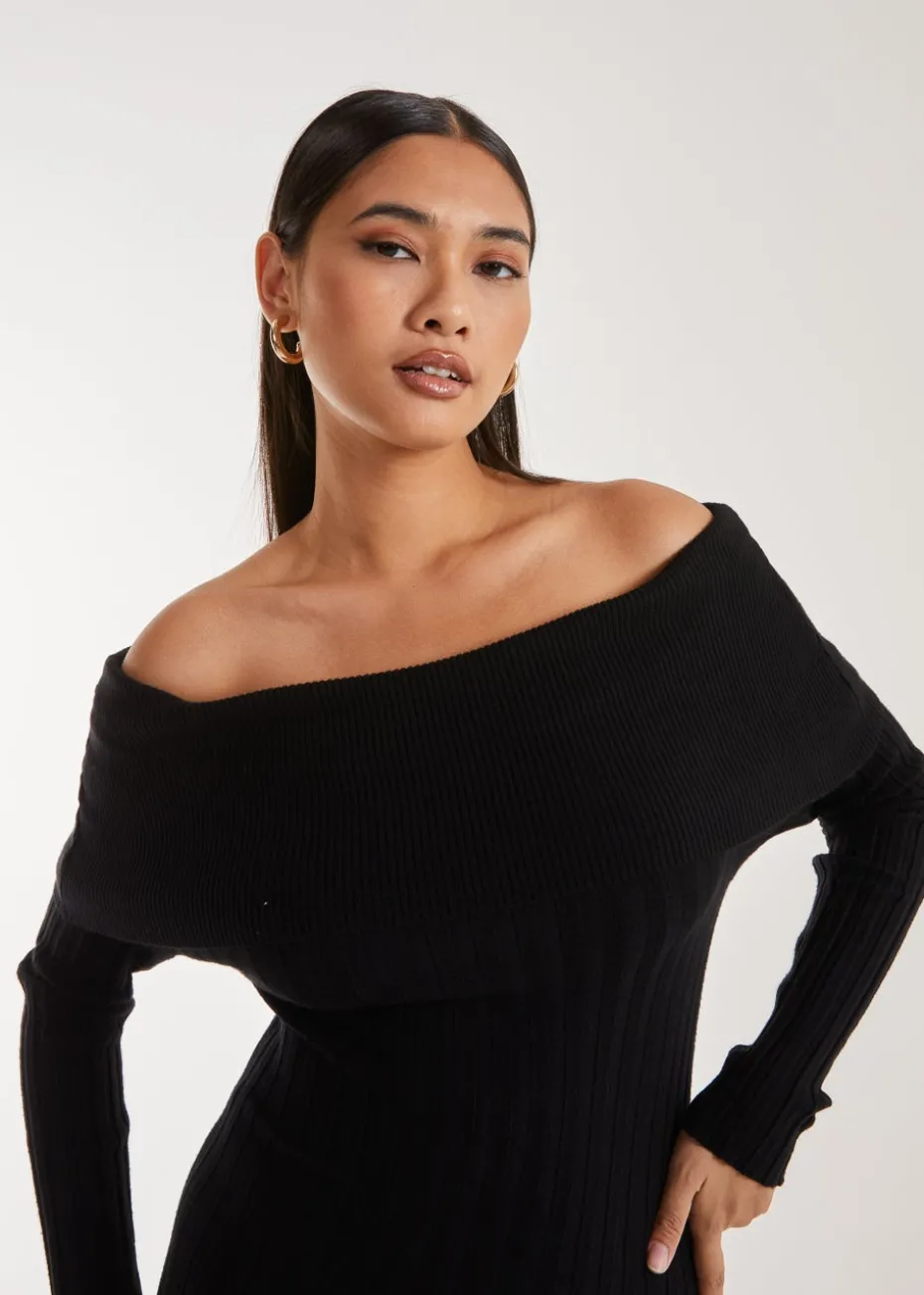 Pink Vanilla Black Bardot Ribbed Knit Midi Dress