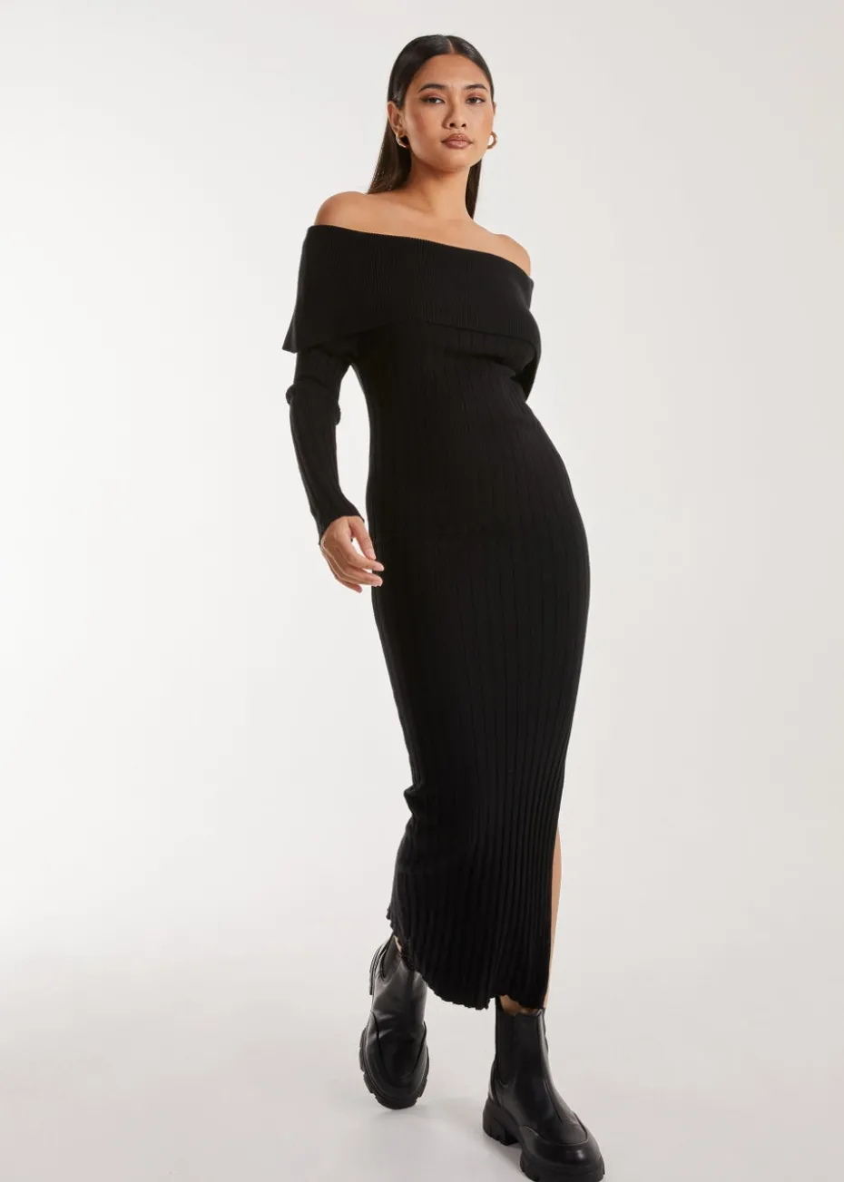 Pink Vanilla Black Bardot Ribbed Knit Midi Dress