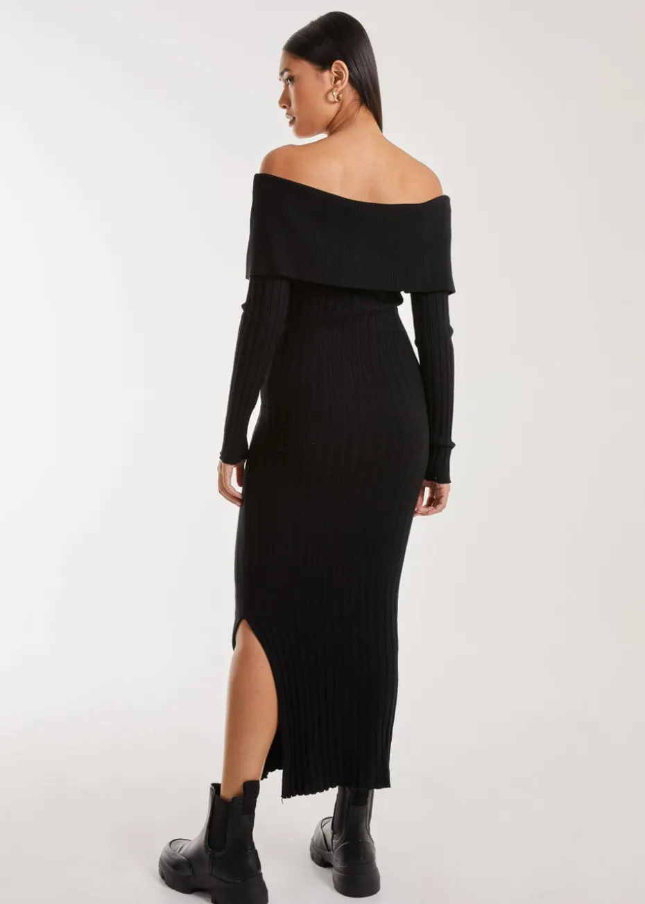 Pink Vanilla Black Bardot Ribbed Knit Midi Dress