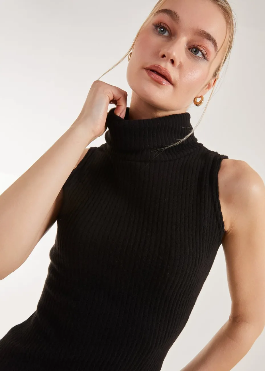 Pink Vanilla Black Brushed Sleeveless Polo Neck Mini Dress