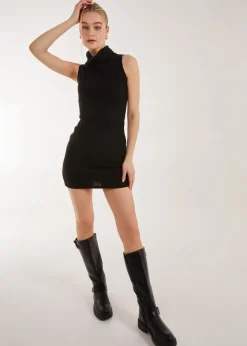Pink Vanilla Black Brushed Sleeveless Polo Neck Mini Dress