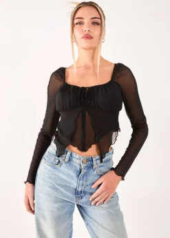 Pink Vanilla Black Butterfly Long Sleeve Mesh Top