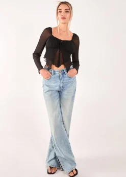 Pink Vanilla Black Butterfly Long Sleeve Mesh Top