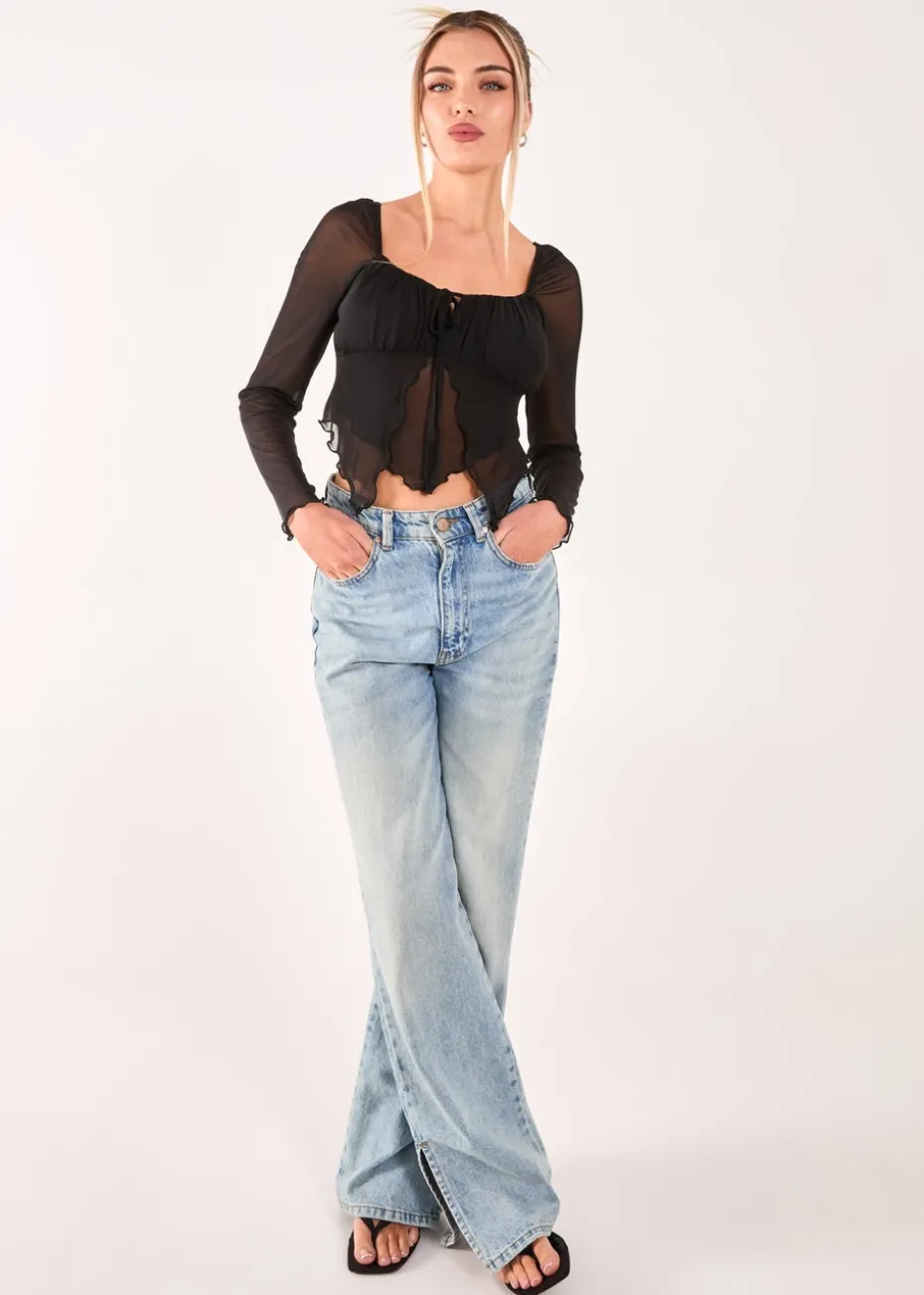 Pink Vanilla Black Butterfly Long Sleeve Mesh Top