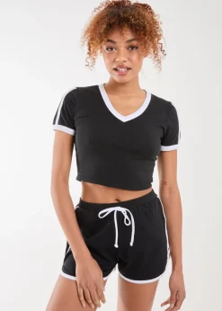 Pink Vanilla Black Contrast Piping Cropped T-Shirt