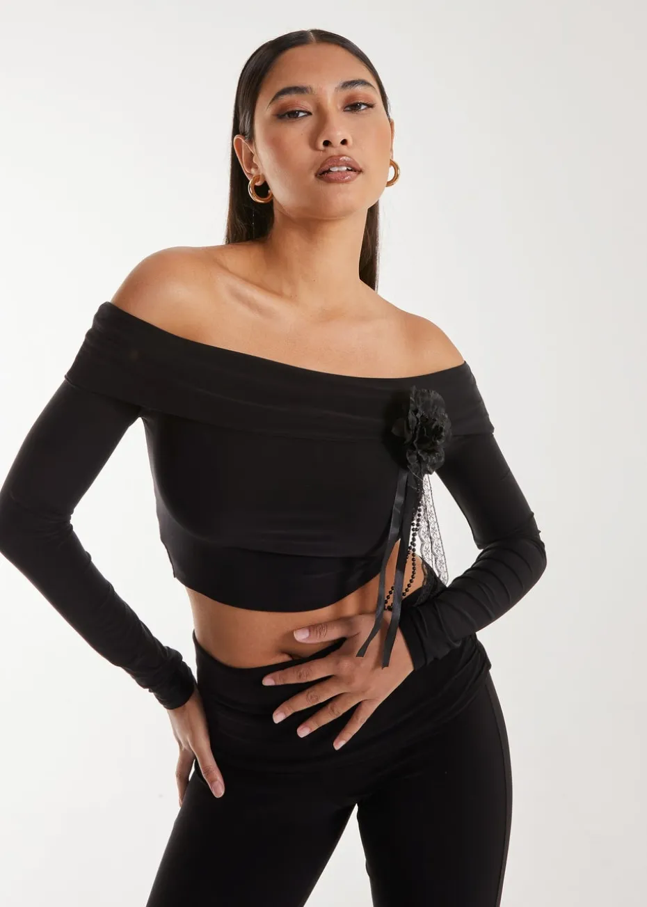 Pink Vanilla Black Corsage Detail Bardot Long Sleeve Top