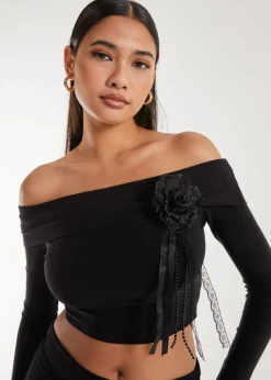 Pink Vanilla Black Corsage Detail Bardot Long Sleeve Top