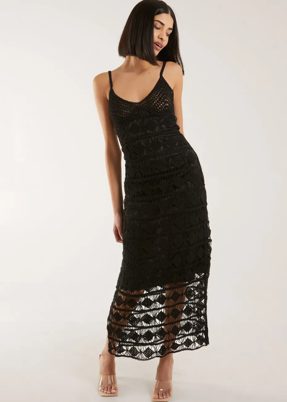 Pink Vanilla Black Crochet Geo Pattern Maxi Dress