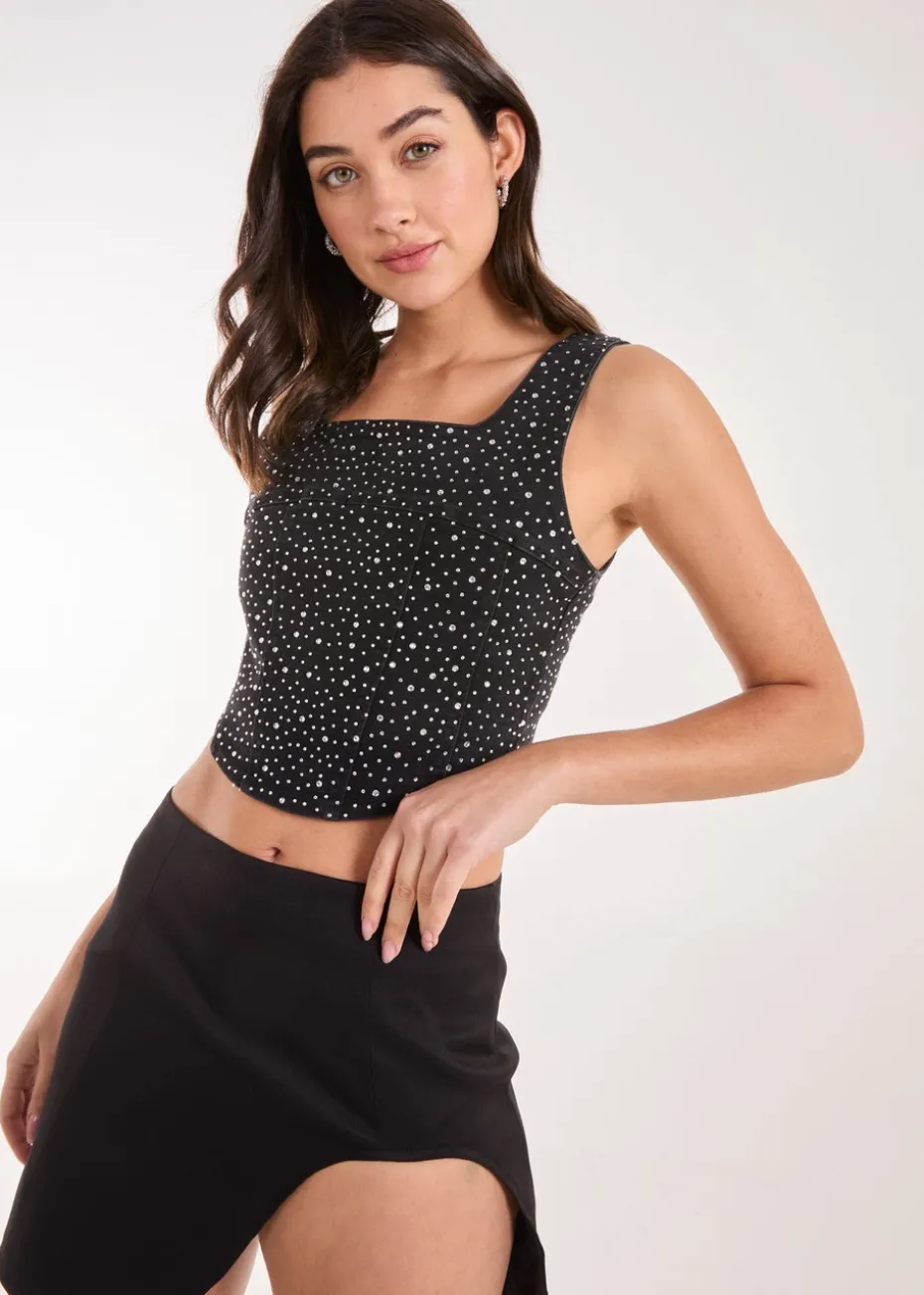 Pink Vanilla Black Diamante Denim Crop Top