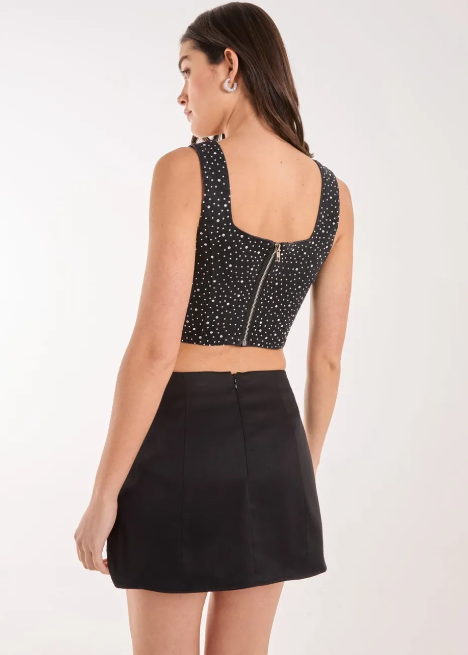 Pink Vanilla Black Diamante Denim Crop Top