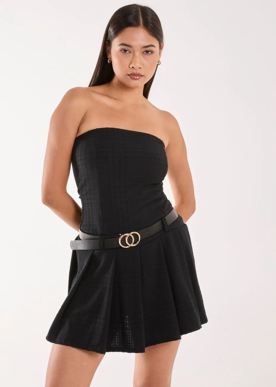 Pink Vanilla Black Dogtooth Belt Pleat Dress