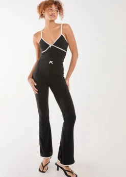 Pink Vanilla Black High Waisted Bow Detail Piping Flares