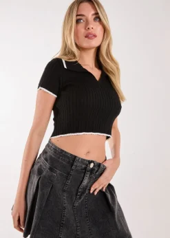 Pink Vanilla Black Knit Collared Contrast Top