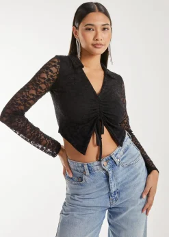 Pink Vanilla Black Lace Long Sleeve Tie Front Top