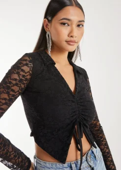 Pink Vanilla Black Lace Long Sleeve Tie Front Top