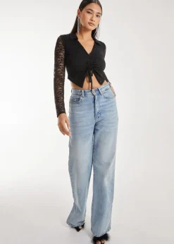 Pink Vanilla Black Lace Long Sleeve Tie Front Top