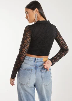 Pink Vanilla Black Lace Long Sleeve Tie Front Top