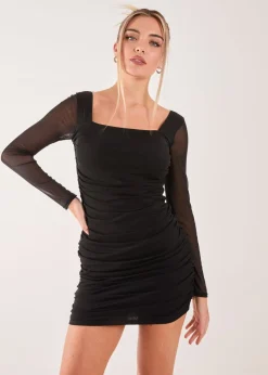 Pink Vanilla Black Long Sleeve Mesh Ruched Mini Dress