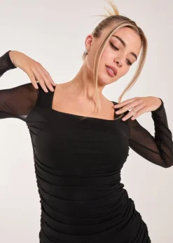 Pink Vanilla Black Long Sleeve Mesh Ruched Mini Dress