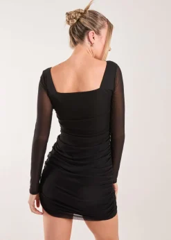 Pink Vanilla Black Long Sleeve Mesh Ruched Mini Dress