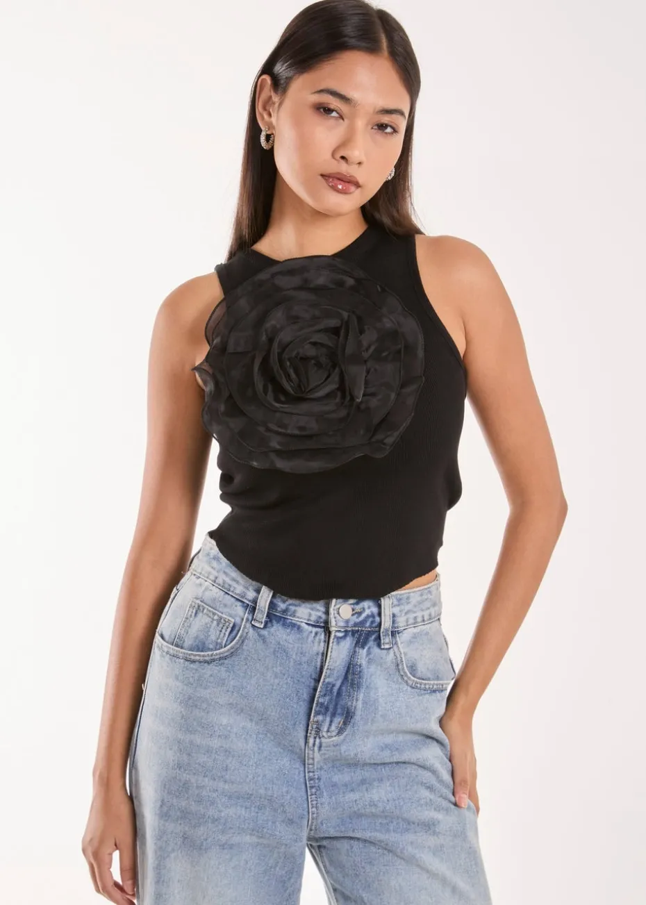 Pink Vanilla Black Oversized Ruffle Corsage Top