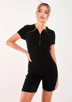Pink Vanilla Black Ribbed Collar Zip Up Unitard