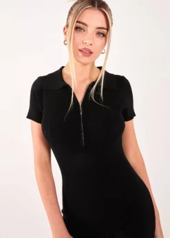 Pink Vanilla Black Ribbed Collar Zip Up Unitard