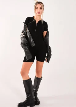 Pink Vanilla Black Ribbed Collar Zip Up Unitard