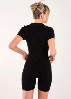 Pink Vanilla Black Ribbed Collar Zip Up Unitard