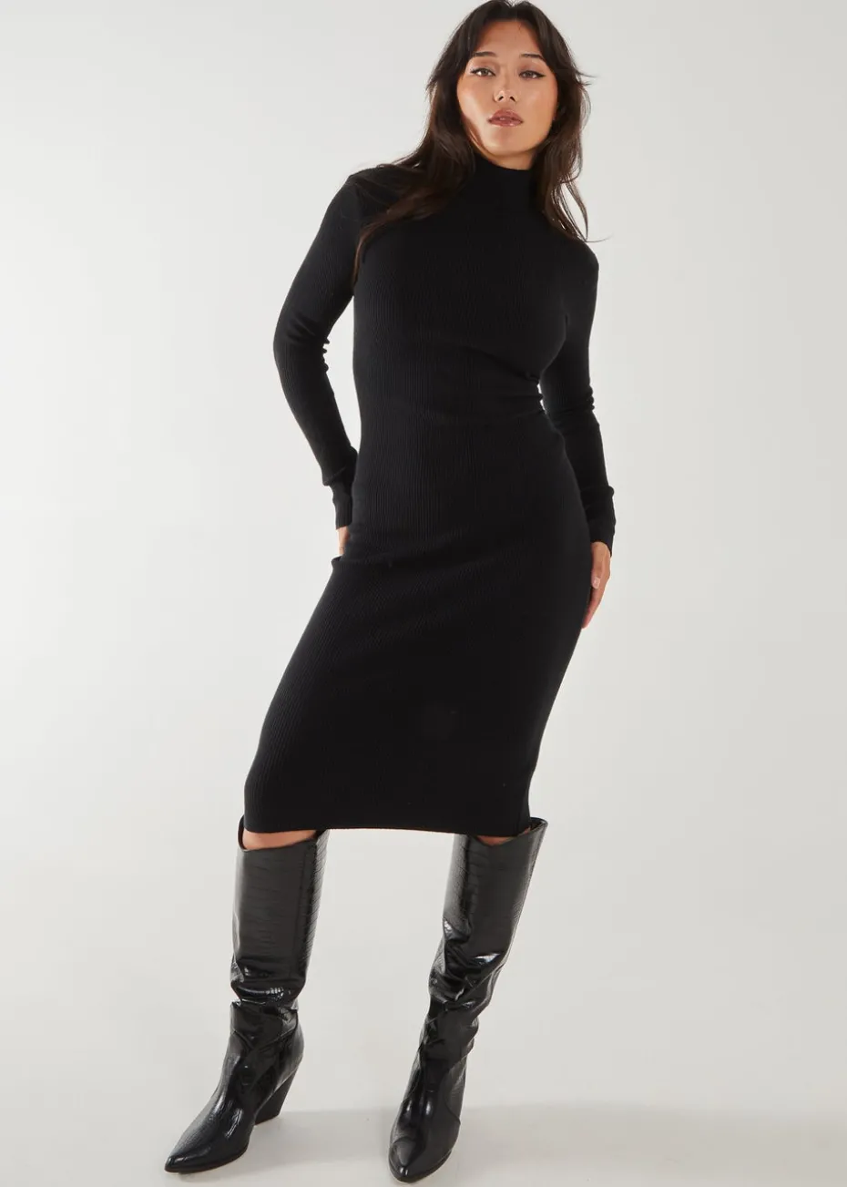 Pink Vanilla Black Ribbed Roll Neck Midi Dress