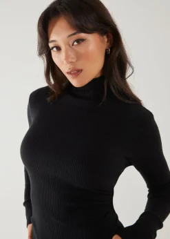 Pink Vanilla Black Ribbed Roll Neck Midi Dress