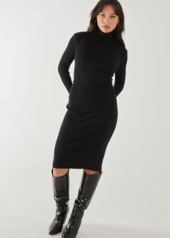Pink Vanilla Black Ribbed Roll Neck Midi Dress