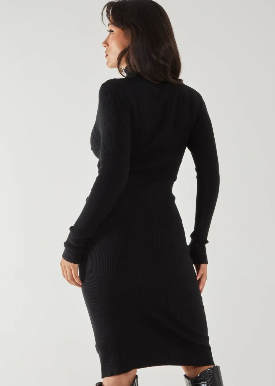 Pink Vanilla Black Ribbed Roll Neck Midi Dress