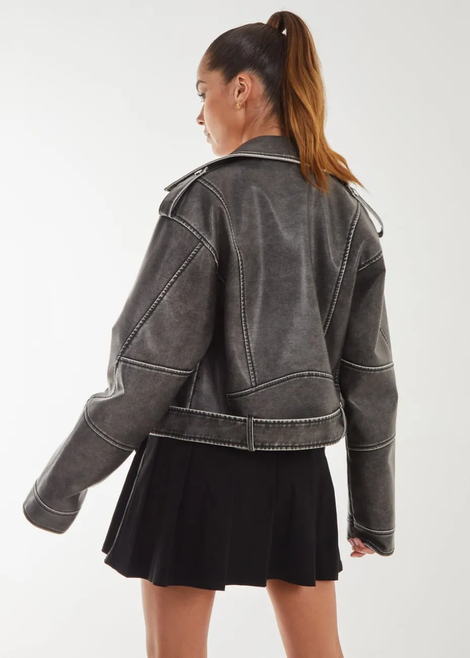 Pink Vanilla Black Stone Wash PU Biker Jacket
