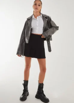 Pink Vanilla Black Stone Wash PU Biker Jacket