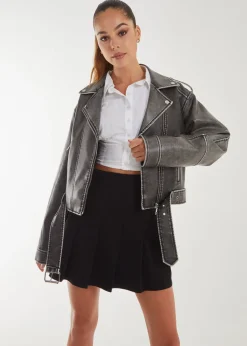 Pink Vanilla Black Stone Wash PU Biker Jacket