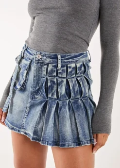 Pink Vanilla Blue Cargo Pocket Pleated Denim Mini Skirt