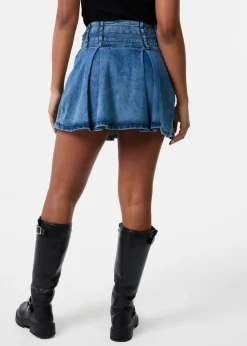 Pink Vanilla Blue Denim Double Belt Pleat Mini Skirt