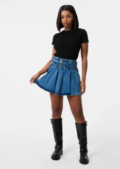 Pink Vanilla Blue Denim Double Belt Pleat Mini Skirt