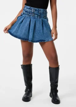 Pink Vanilla Blue Denim Double Belt Pleat Mini Skirt