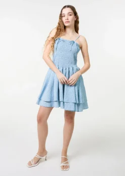 Pink Vanilla Blue Shirred Ruffle Mini Dress