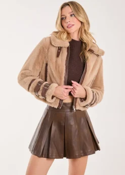 Pink Vanilla Brown Fur PU Buckle Detail Coat