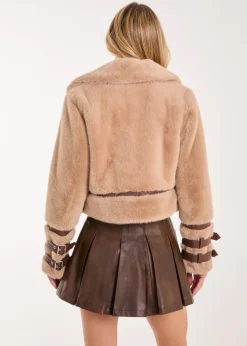 Pink Vanilla Brown Fur PU Buckle Detail Coat