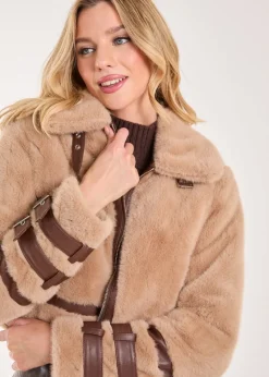 Pink Vanilla Brown Fur PU Buckle Detail Coat