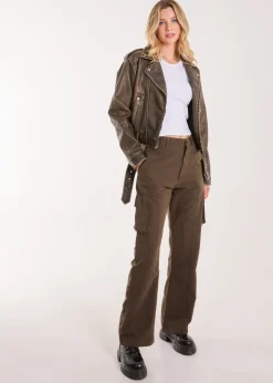 Pink Vanilla Brown Stone Wash PU Biker Jacket