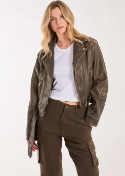 Pink Vanilla Brown Stone Wash PU Biker Jacket